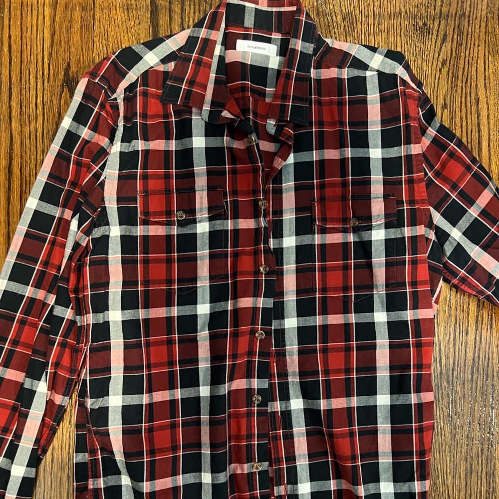 Men’s red shoes plaid button down